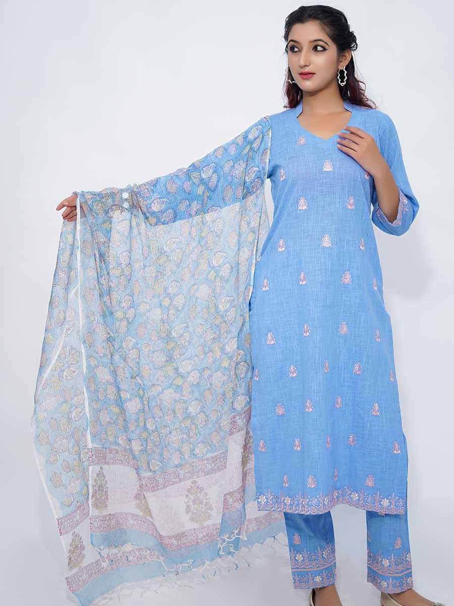 Blue Printed Linen Dupatta