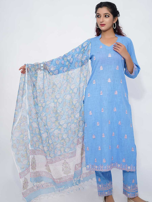 Blue Printed Linen Dupatta