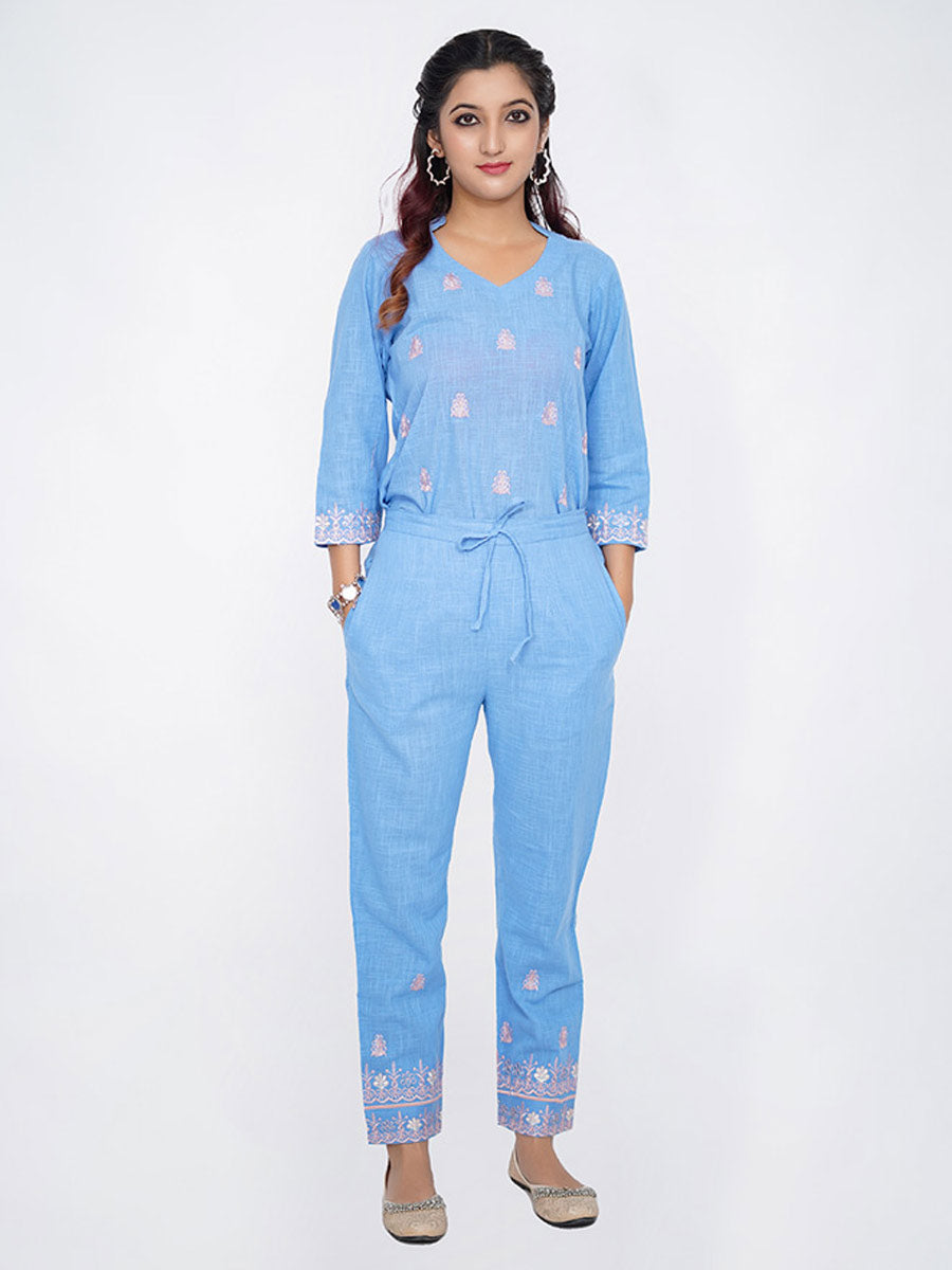 Blue Linen Machine Work Suit Set
