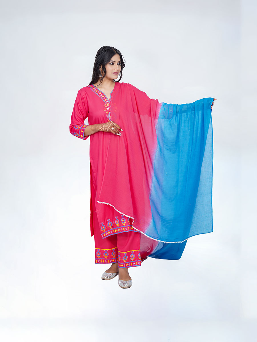 Pink Embroidered Rayon Suit Set