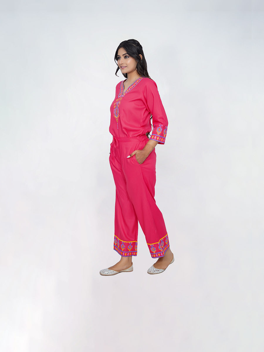Pink Embroidered Rayon Suit Set