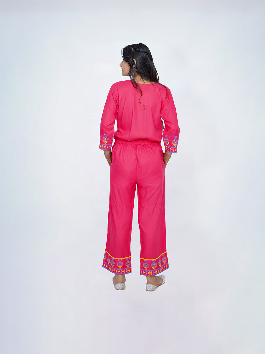 Pink Embroidered Rayon Suit Set