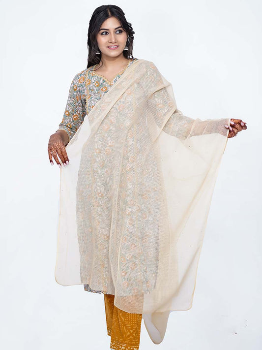 Beige Plain Kota Doria Dupatta