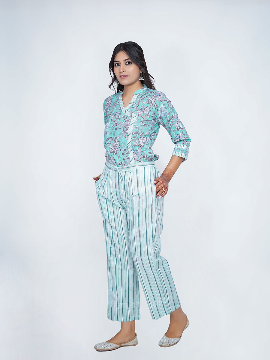 Blue Cotton Dabu Print Suit Set