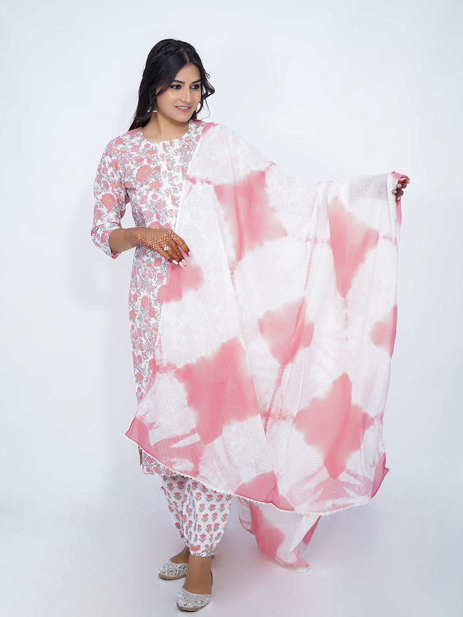 Pink Cotton Bagru Print Suit Set