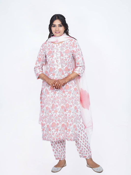 Pink Cotton Bagru Print Suit Set