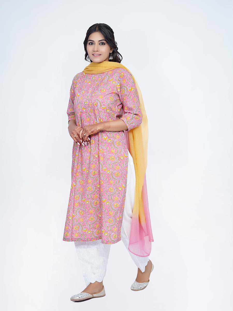 Pink Cotton Bagru Print Suit Set