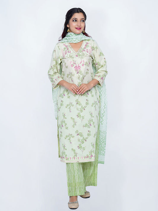 Green Cotton Dabu Print Suit Set