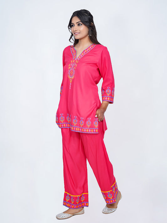 Pink Embroidered Rayon Co-ord Set