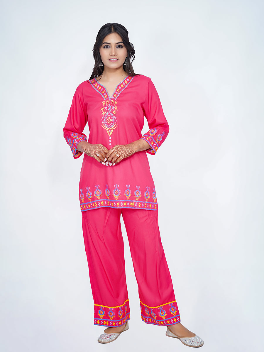 Pink Embroidered Rayon Co-ord Set