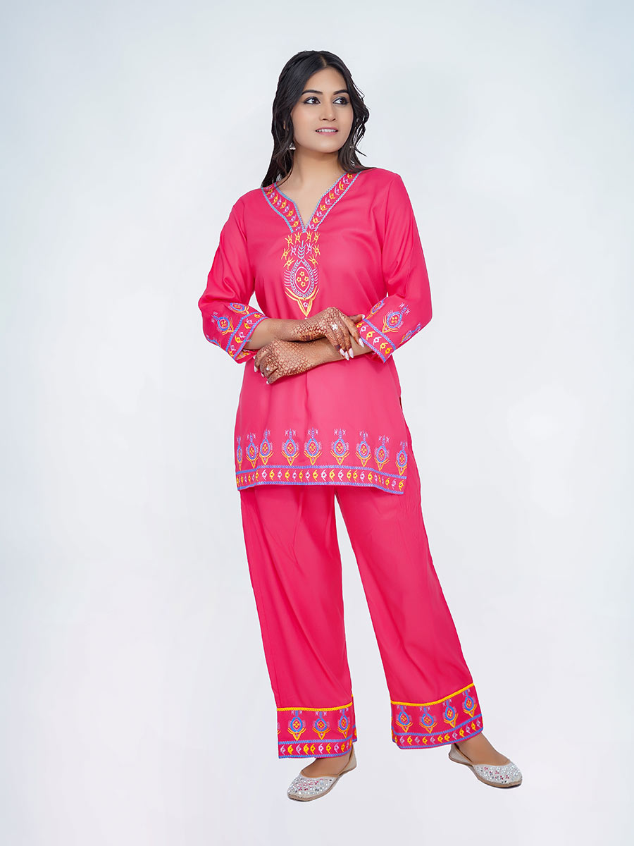Pink Embroidered Rayon Co-ord Set