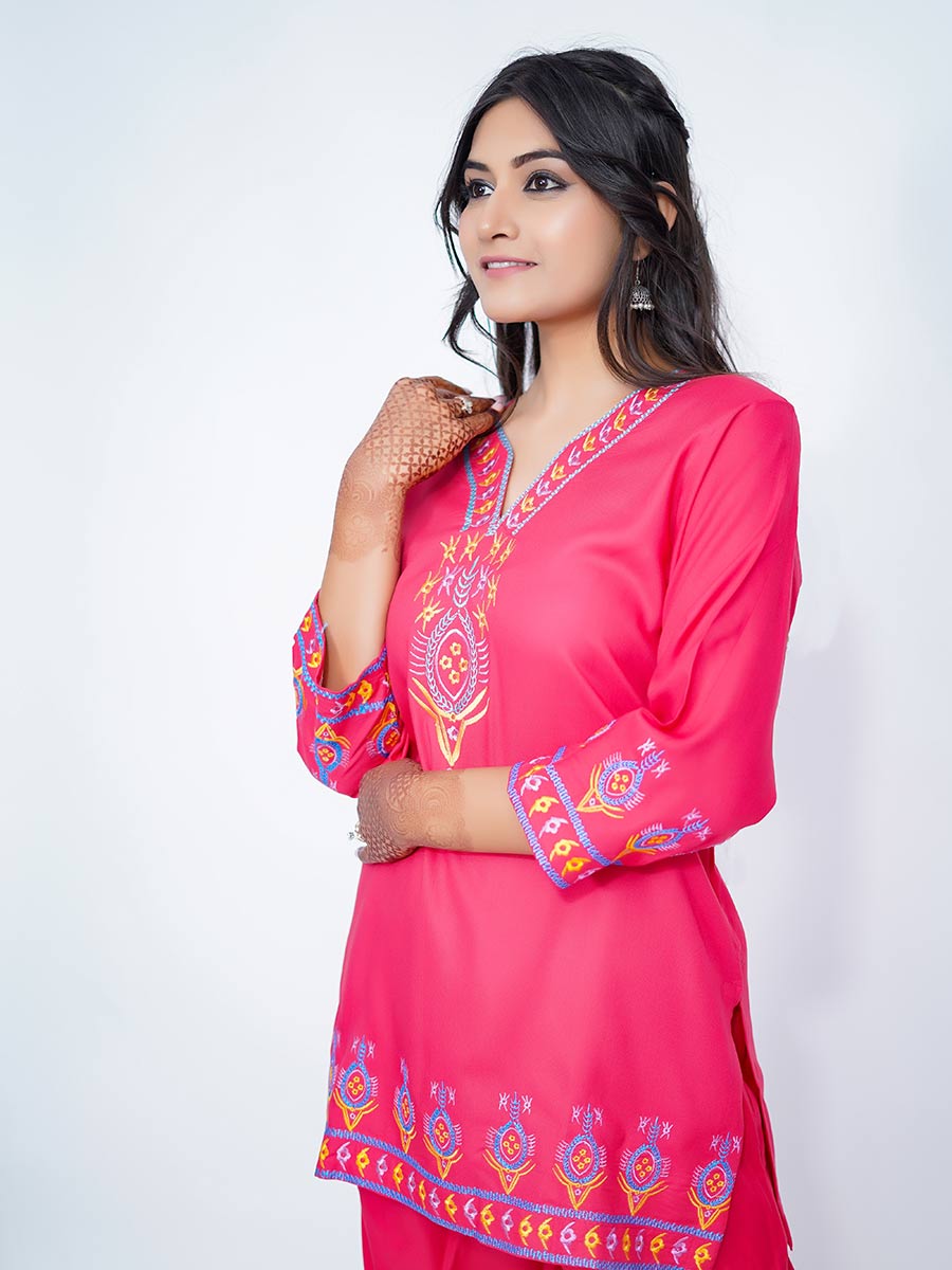 Pink Embroidered Rayon Co-ord Set
