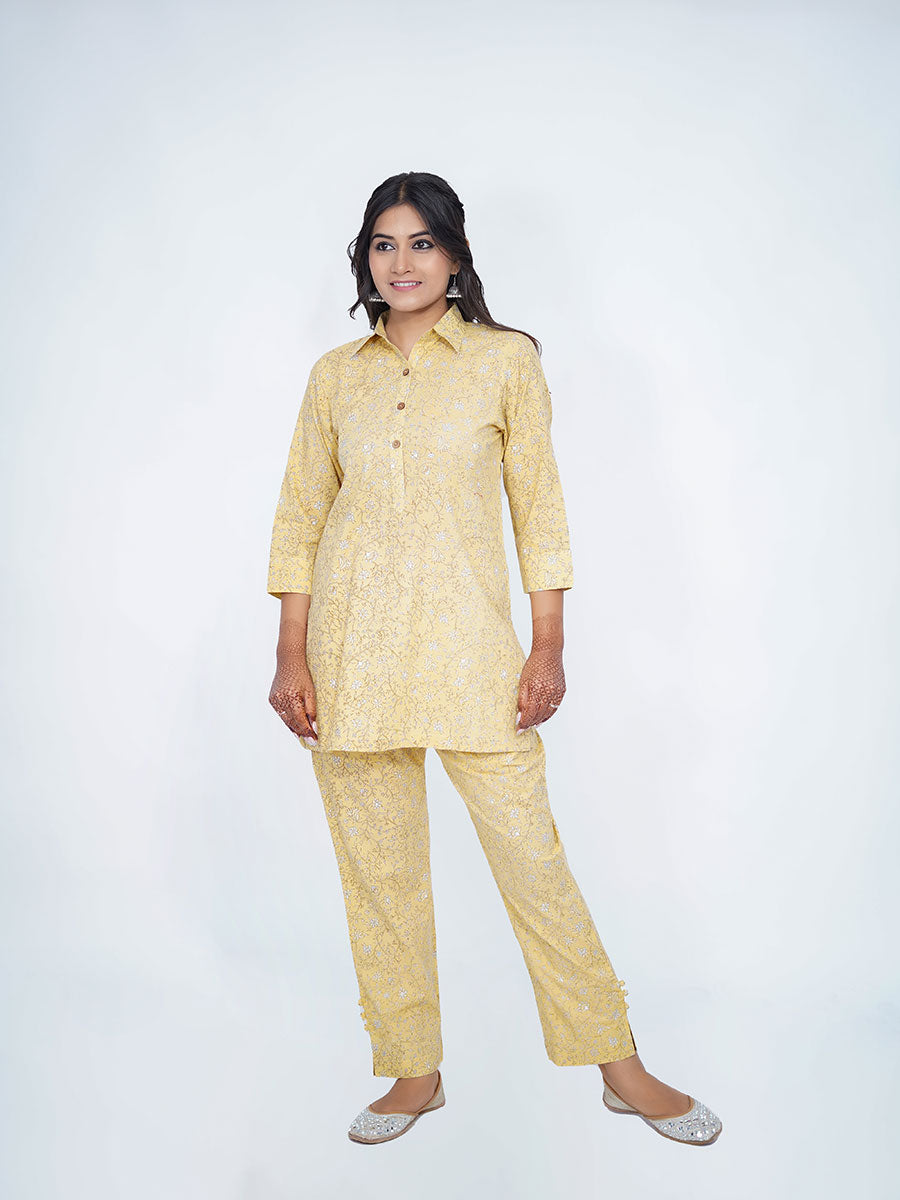 Yellow Cotton Dabu Print Co-ord Set