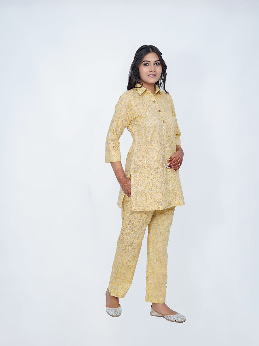 Yellow Cotton Dabu Print Co-ord Set