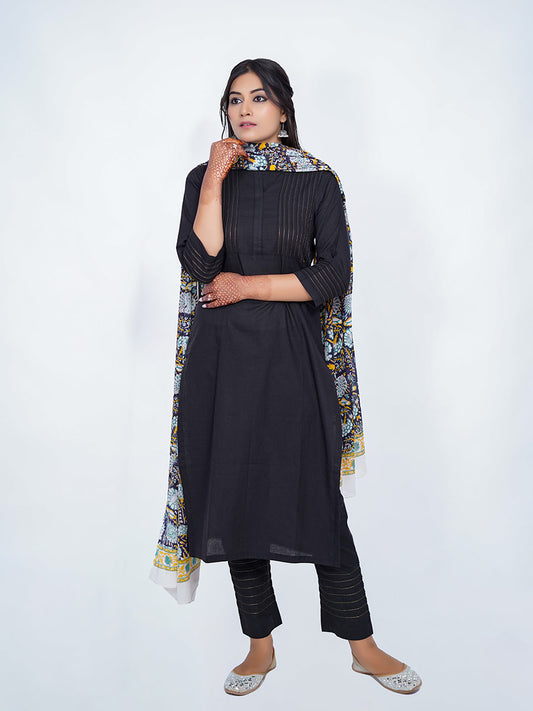 Black Cotton Plain Suit with Printed Dupatta