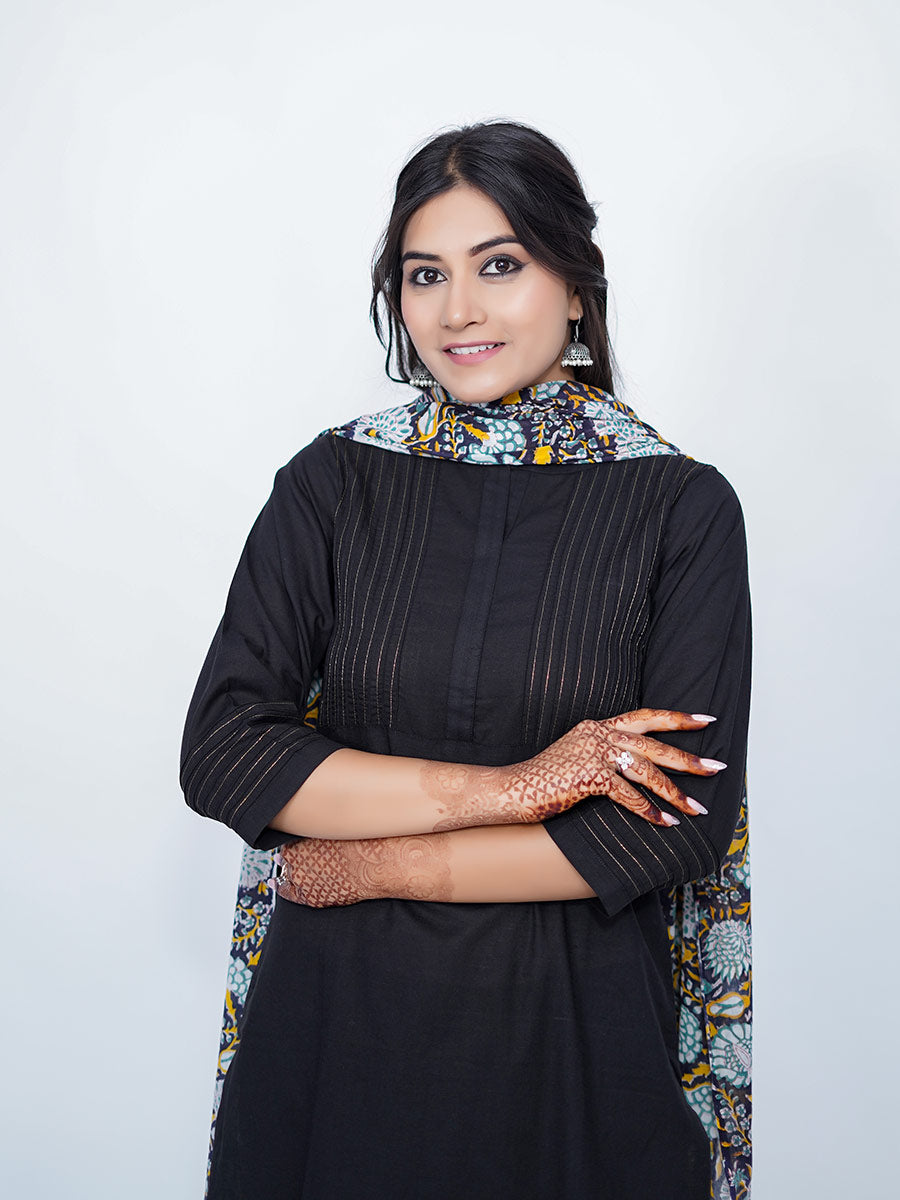 Black Cotton Plain Suit with Printed Dupatta