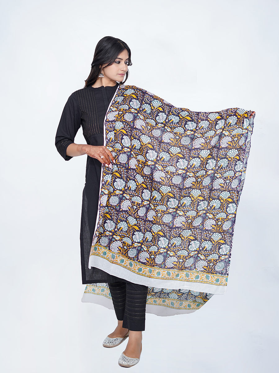 Black Cotton Plain Suit with Printed Dupatta