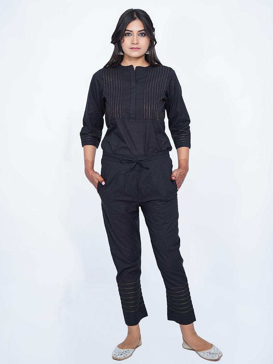 Black Cotton Plain Suit with Printed Dupatta