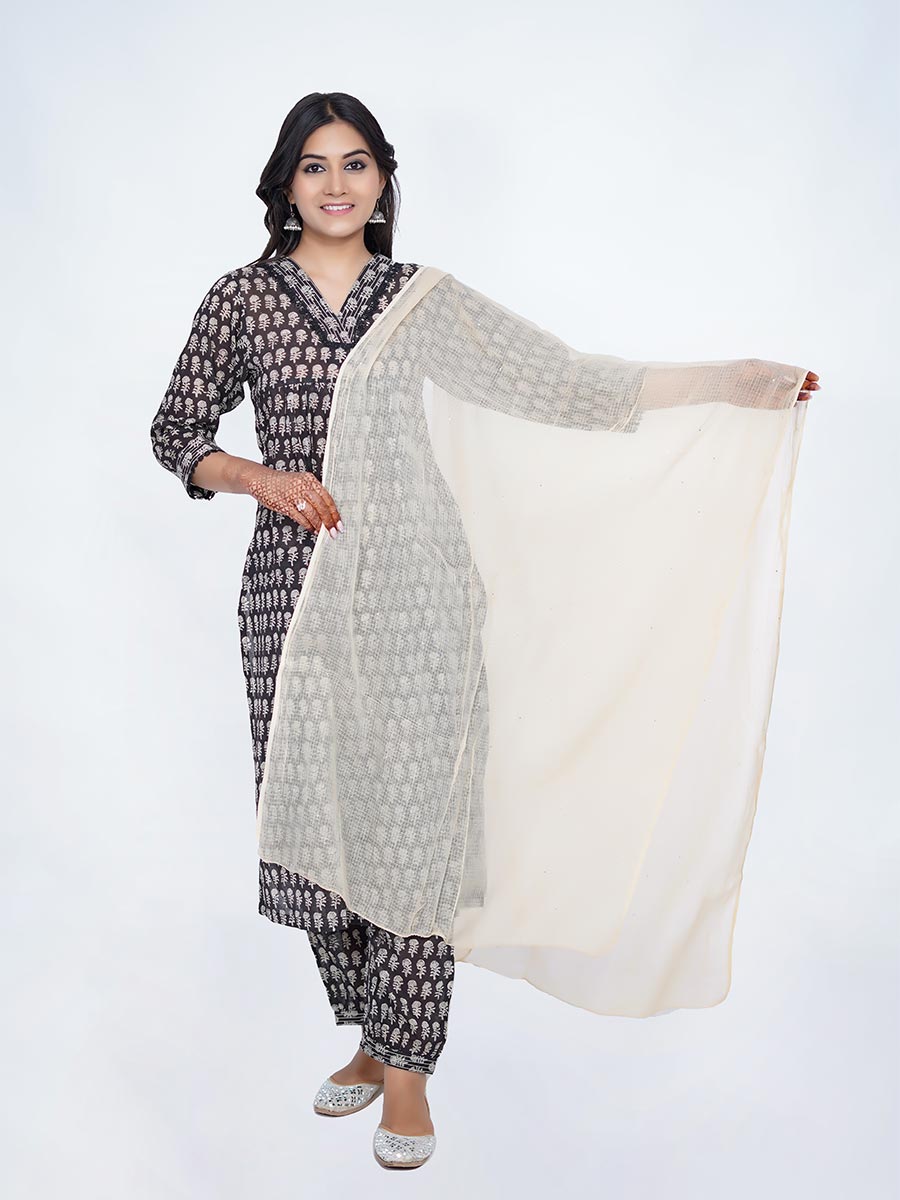 Black Cotton Block Print Suit Set