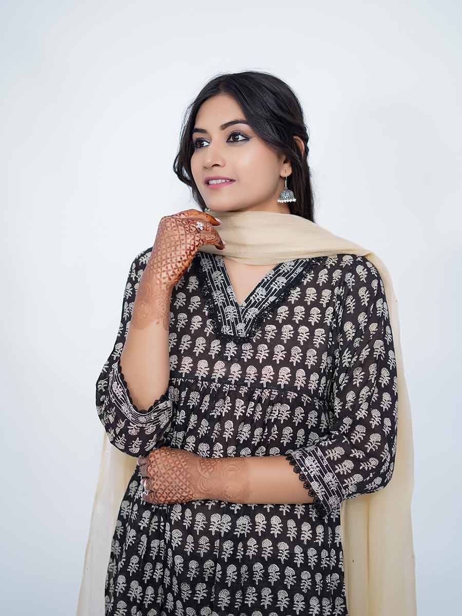 Black Cotton Block Print Suit Set