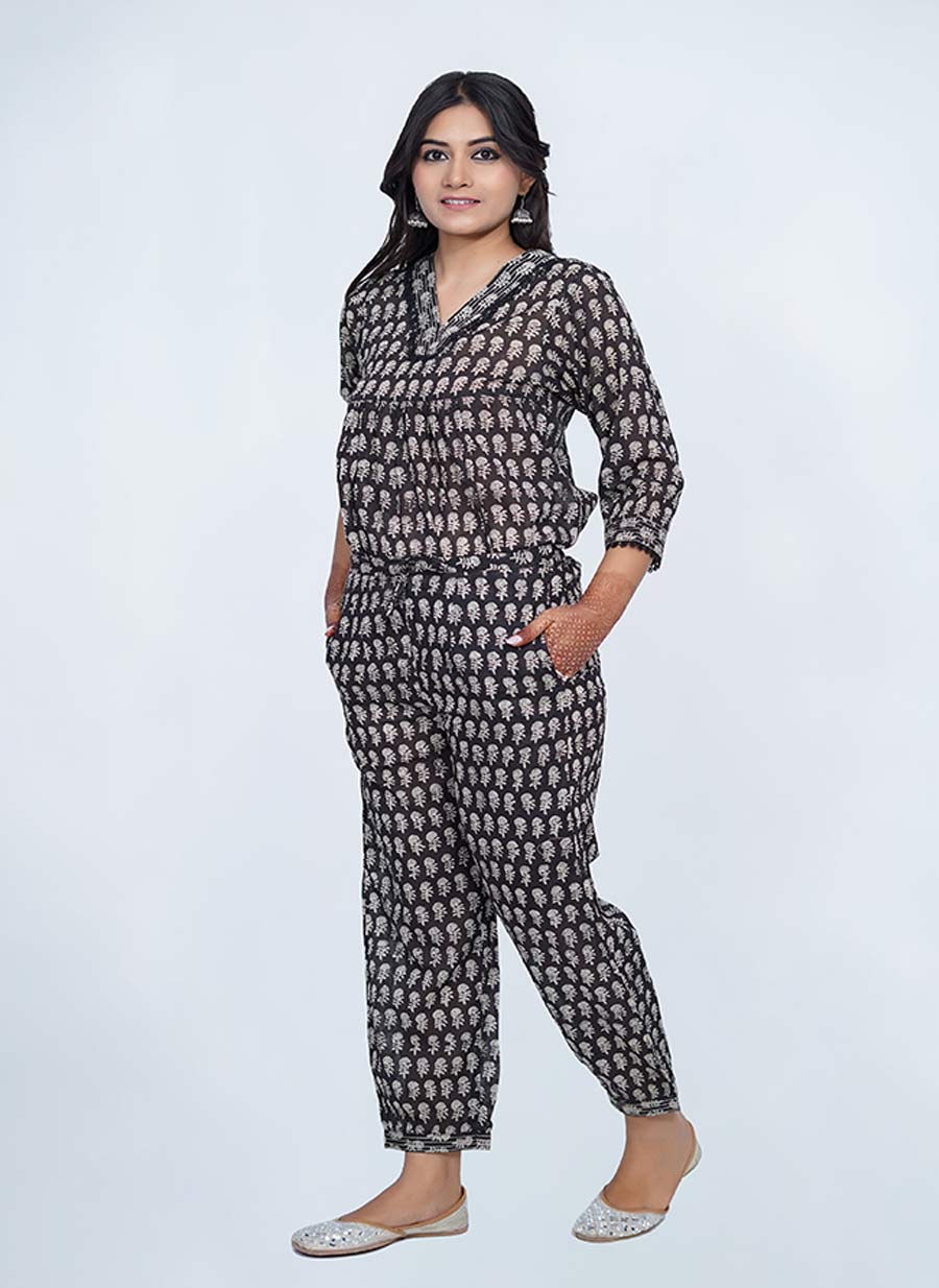 Black Cotton Block Print Suit Set