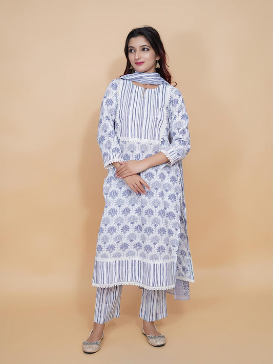 Blue Cotton Block Print Suit Set