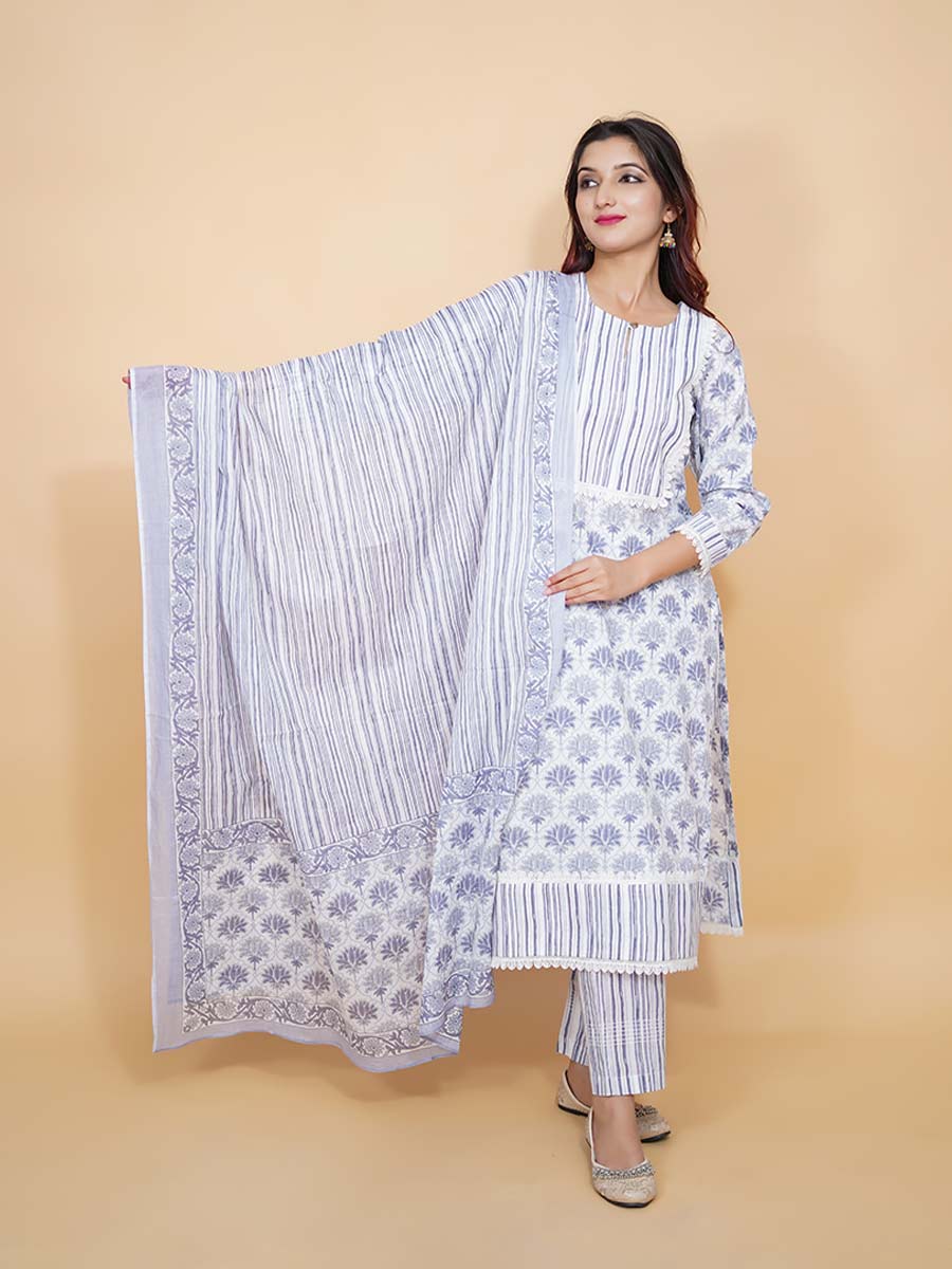 Blue Cotton Block Print Suit Set