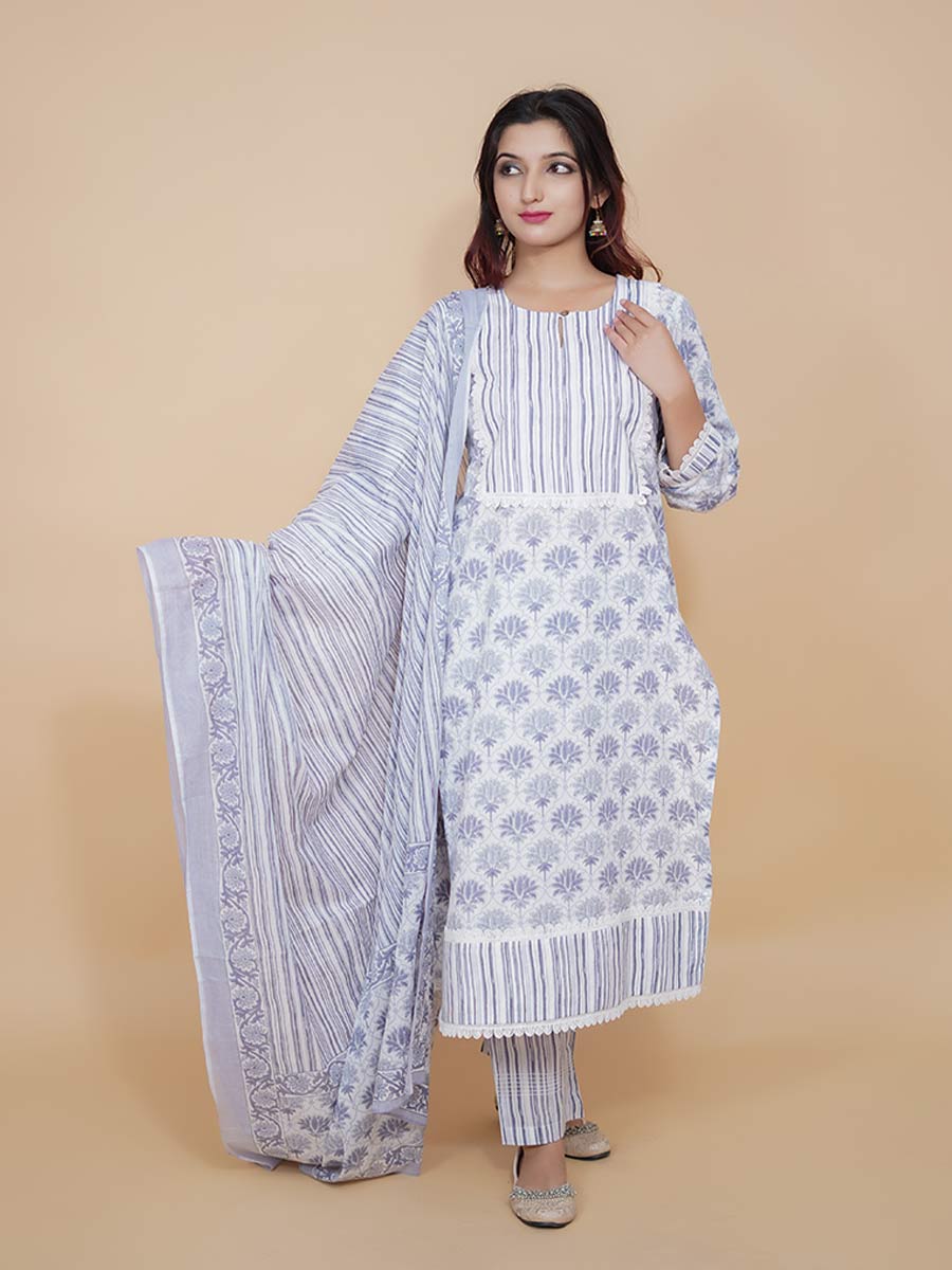 Blue Cotton Block Print Suit Set