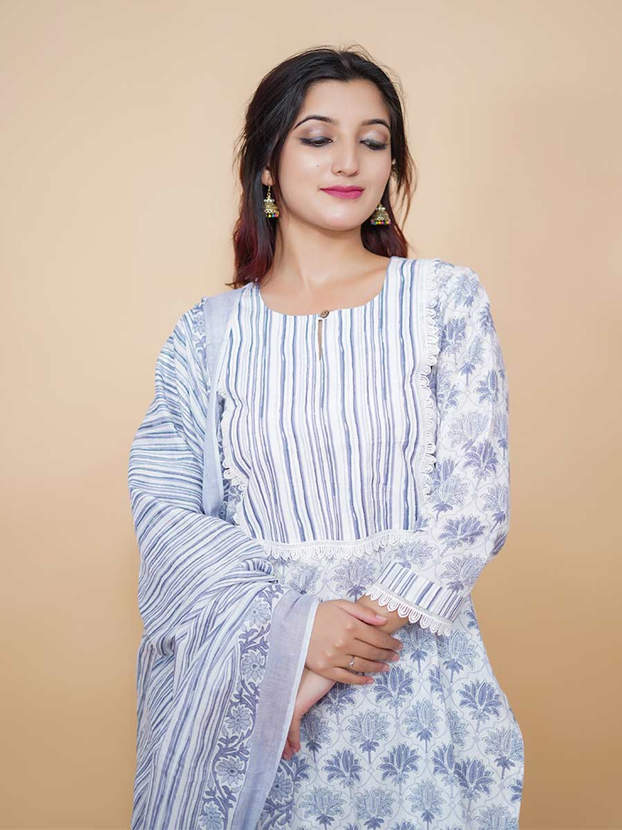 Blue Cotton Block Print Suit Set