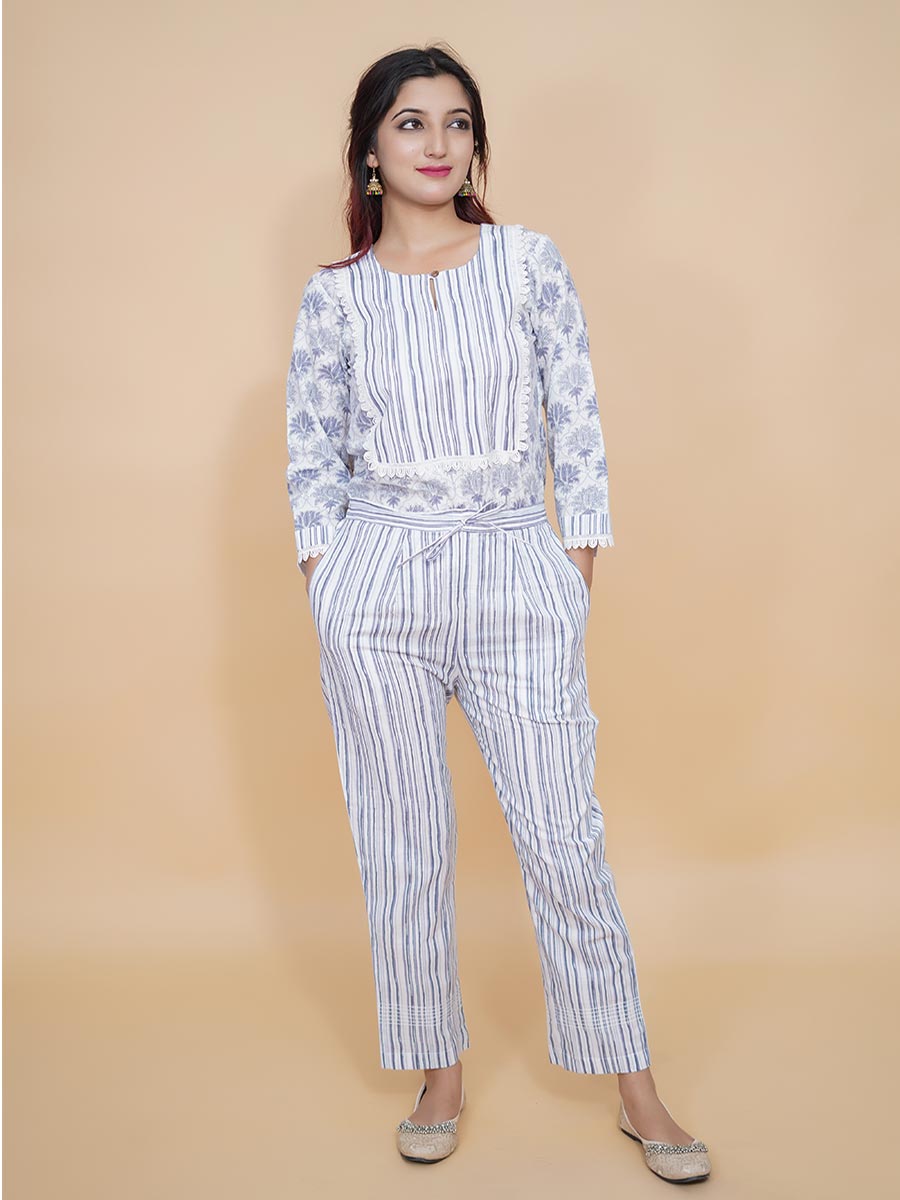 Blue Cotton Block Print Suit Set