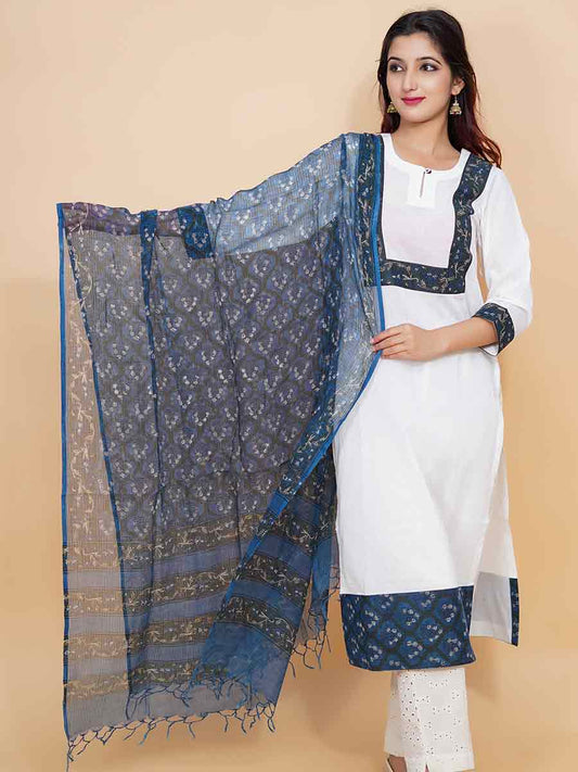 Blue Printed Kota Doria Dupatta