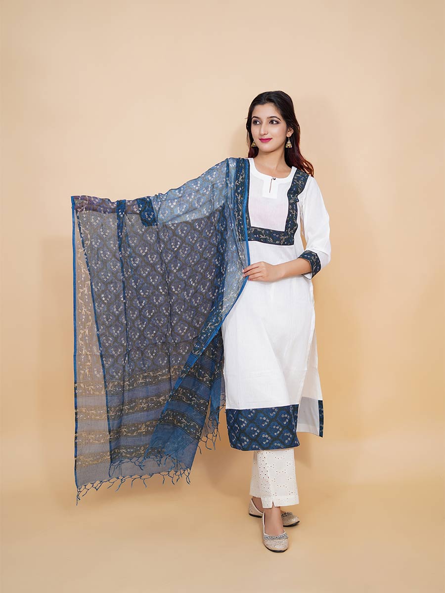 White Cotton Plain Suit with Printed Dupatta
