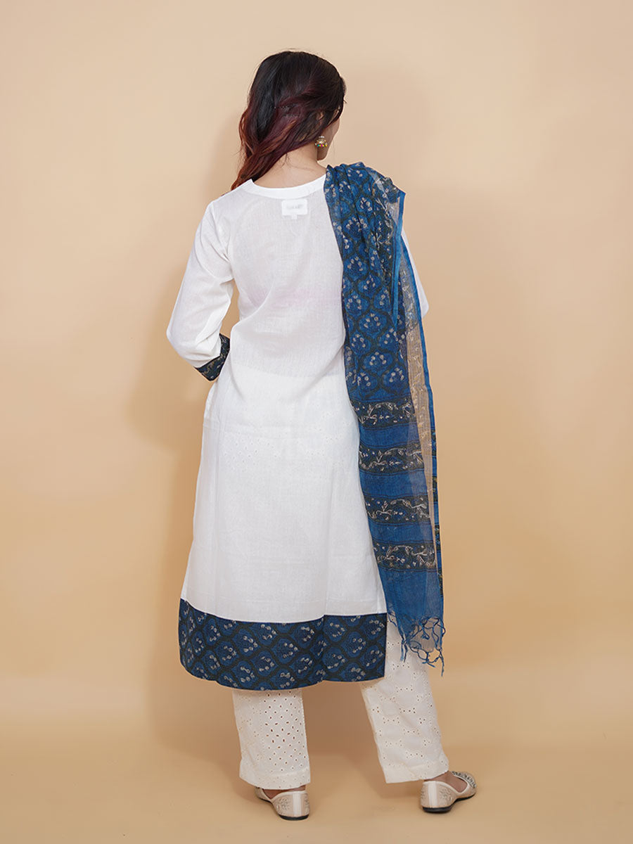 White Cotton Plain Suit with Printed Dupatta