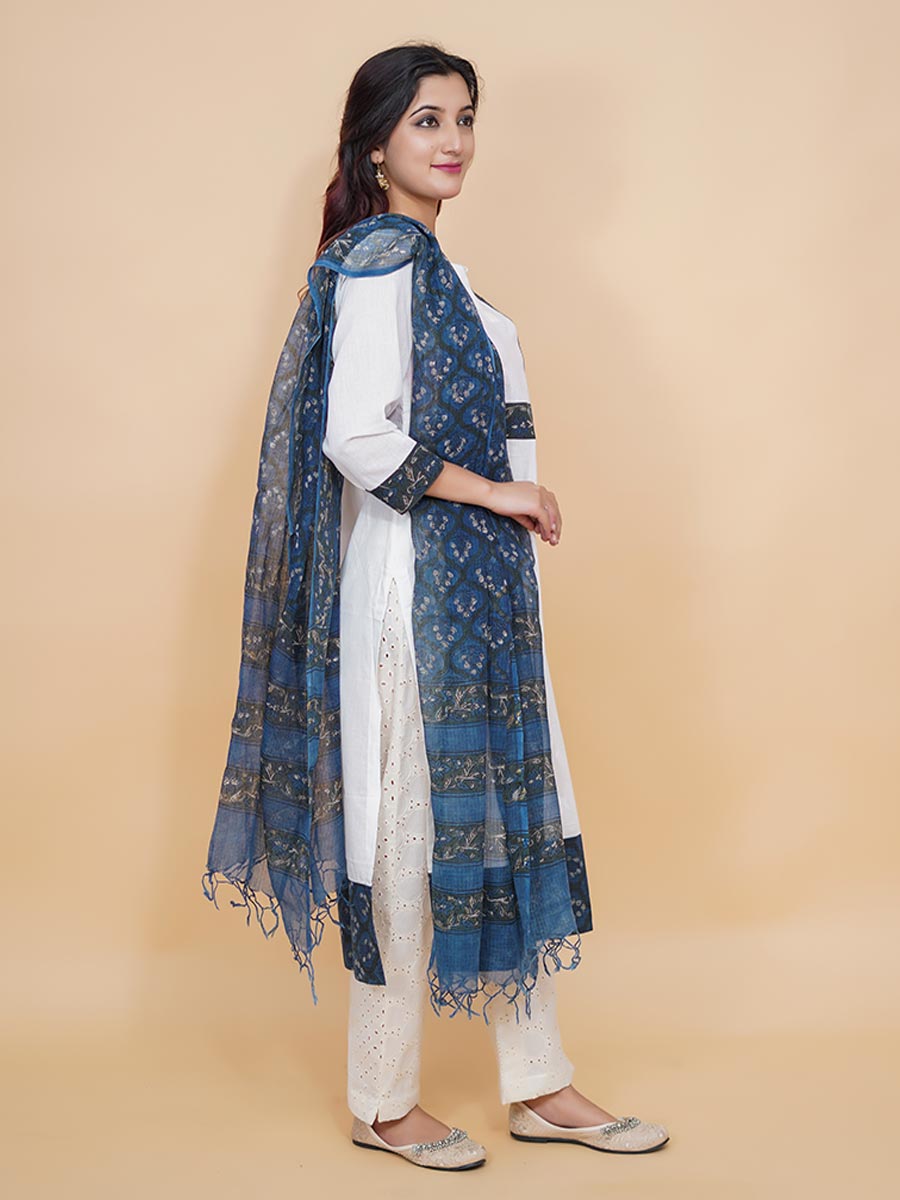 White Cotton Plain Suit with Printed Dupatta