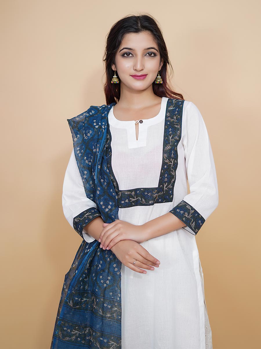 White Cotton Plain Suit with Printed Dupatta