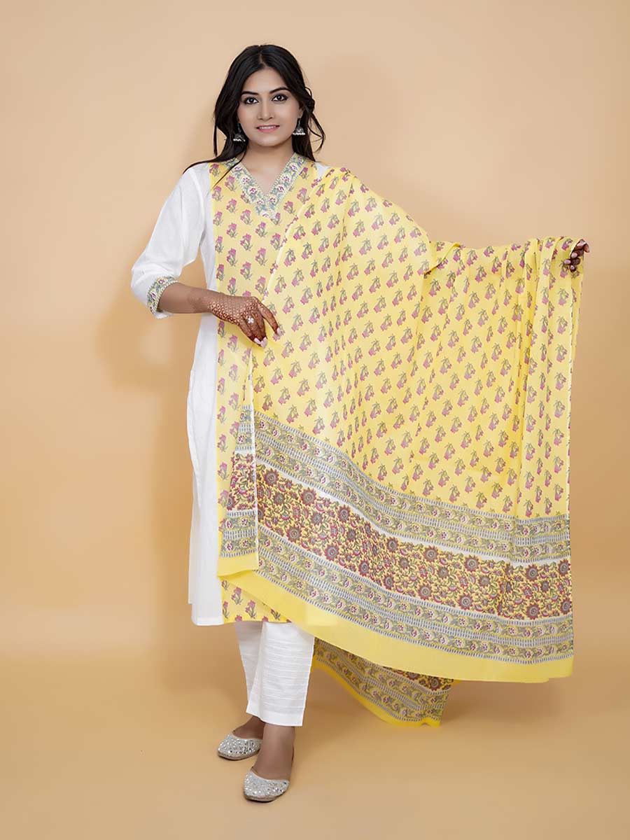 Yellow Cotton Block Print Suit Set