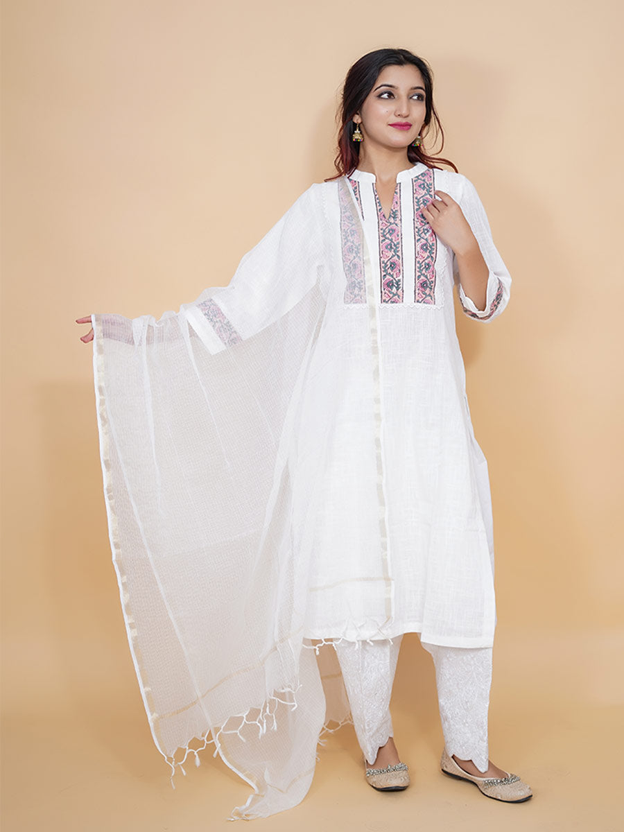 White Cotton Plain Suit Set with Border Neck