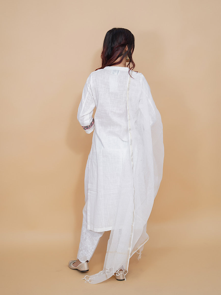White Cotton Plain Suit Set with Border Neck