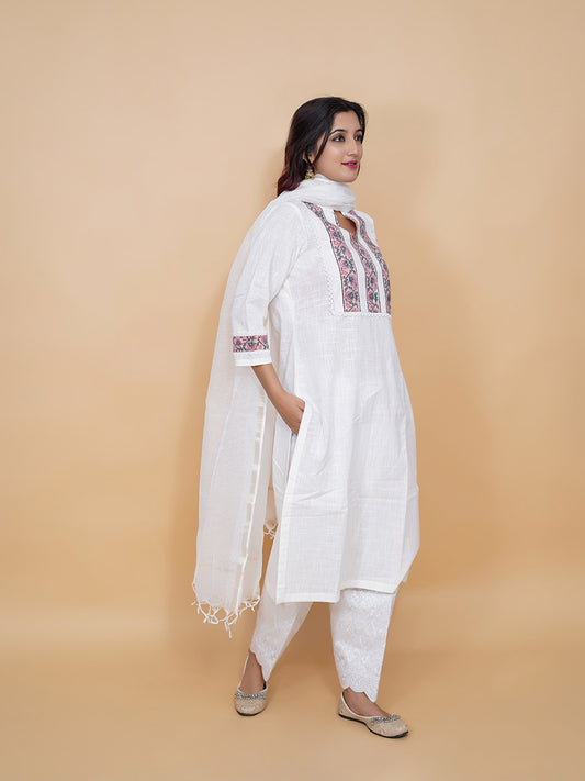 White Cotton Plain Suit Set with Border Neck