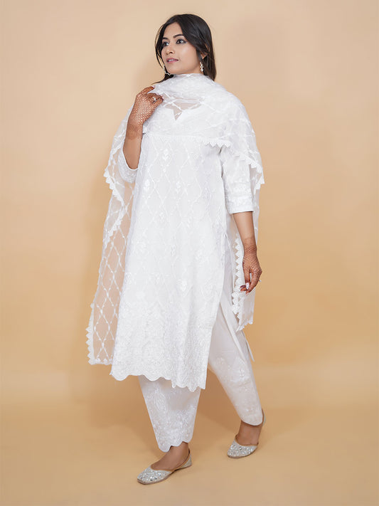 White Organza Machine Work Suit Set