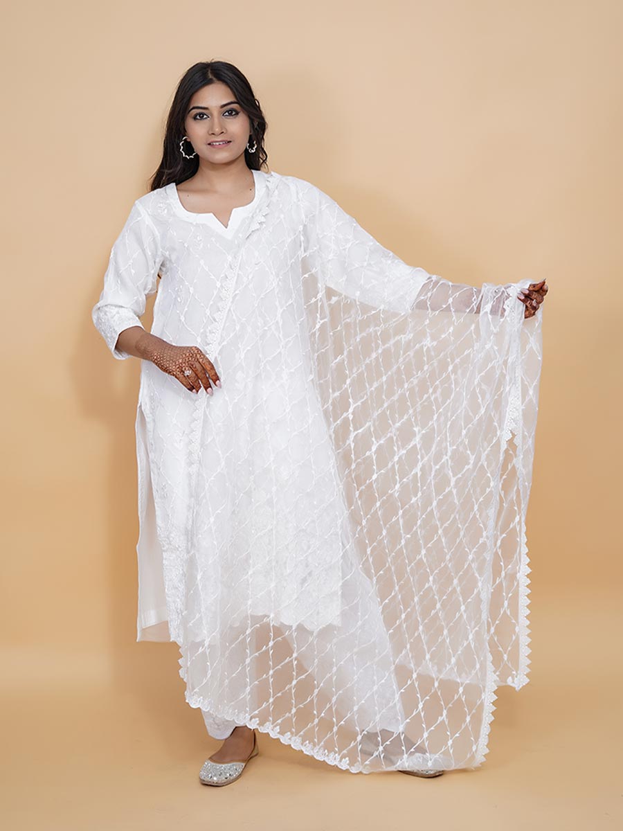 White Organza Machine Work Suit Set