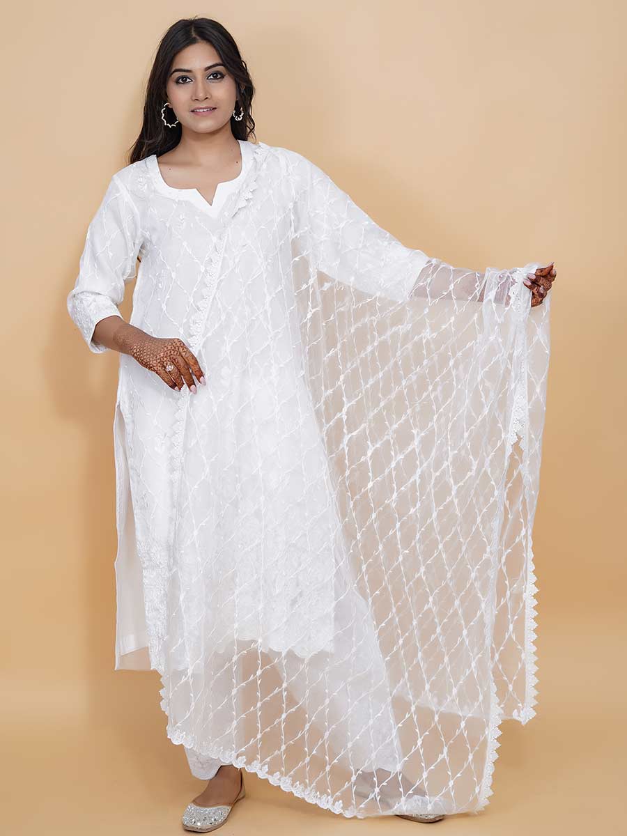 White Machine Work Organza Dupatta