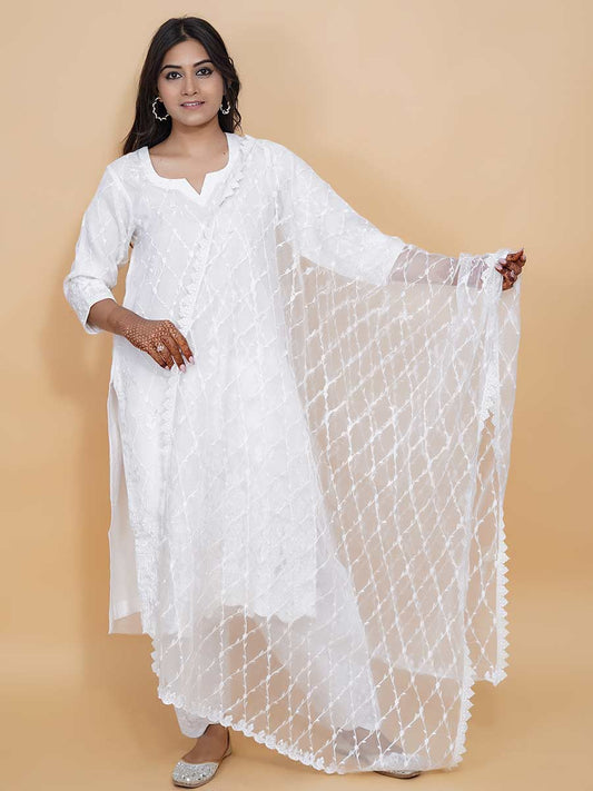 White Machine Work Organza Dupatta
