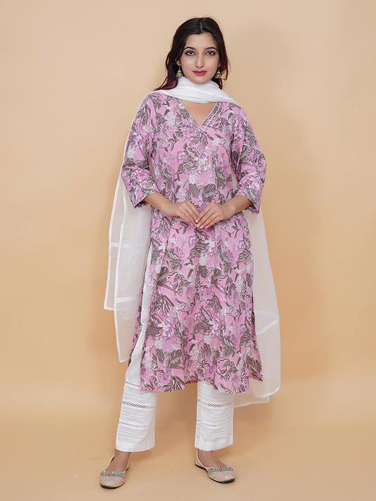 Pink Cotton Dabu Print Suit Set