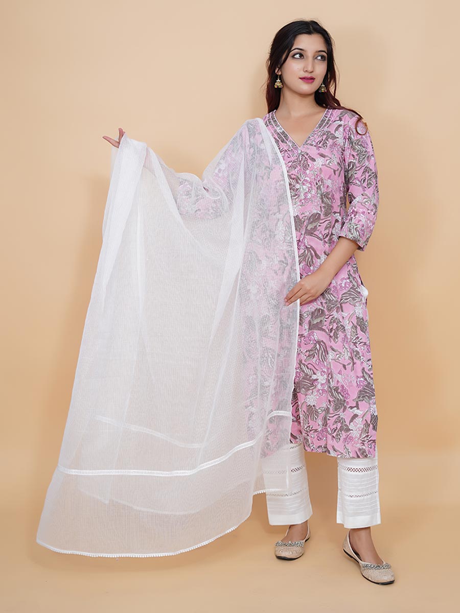 Pink Cotton Dabu Print Suit Set