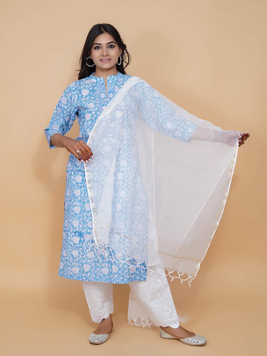 Blue Cotton Dabu Print Suit Set