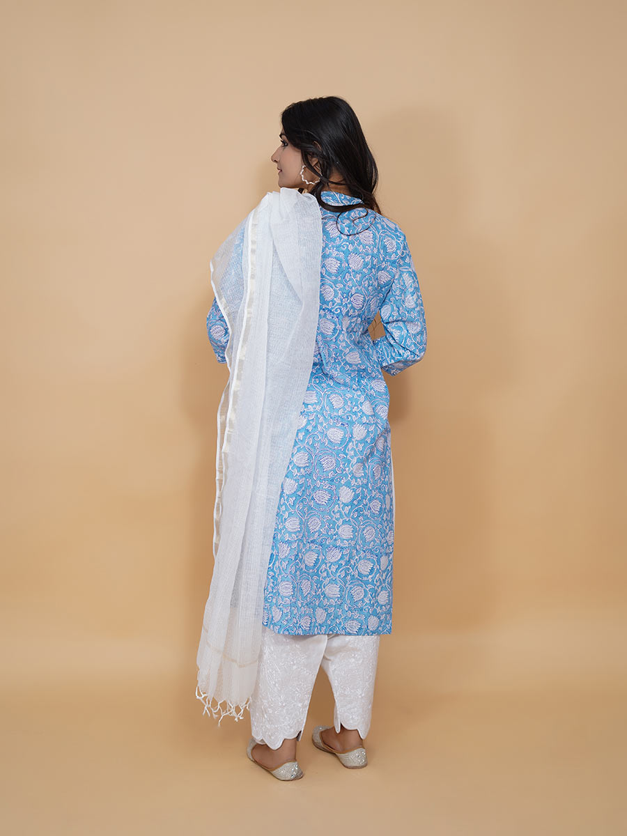 Blue Cotton Dabu Print Suit Set