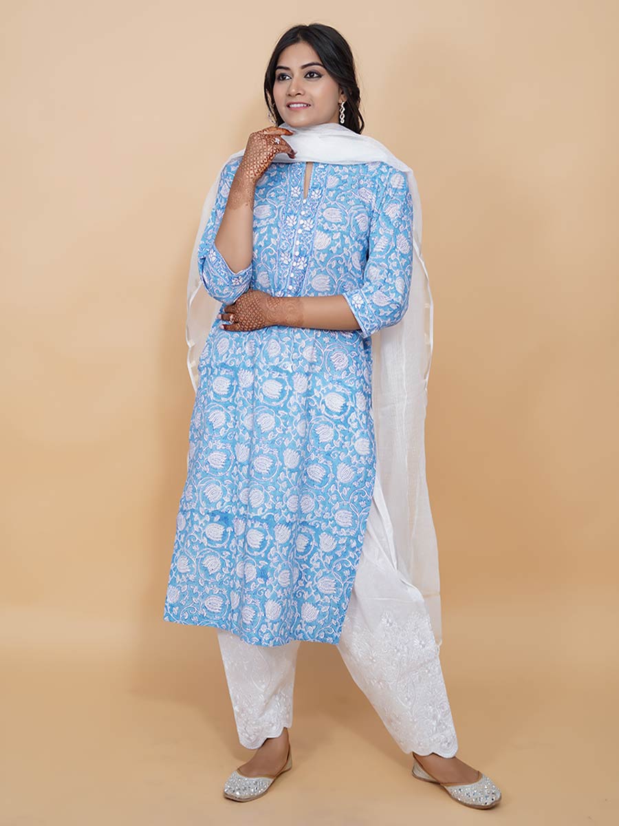Blue Cotton Dabu Print Suit Set