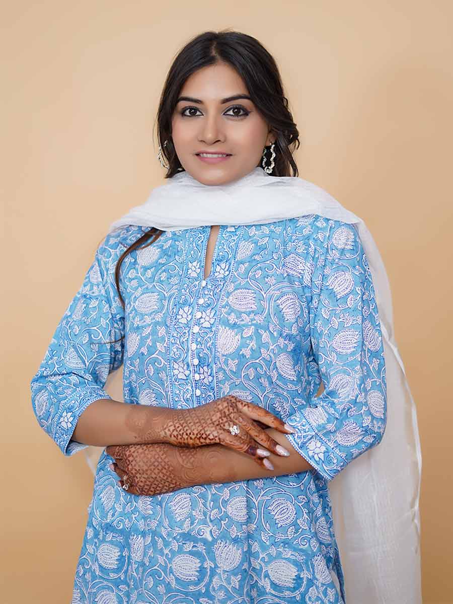 Blue Cotton Dabu Print Suit Set