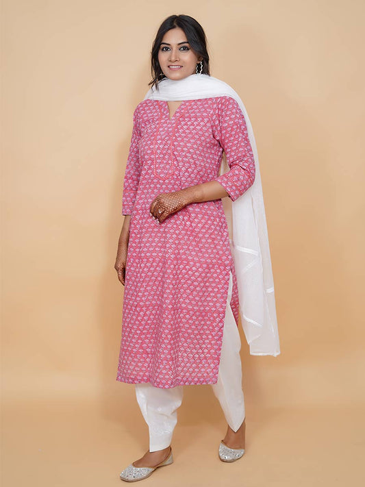 Pink Cotton Block Print Suit Set
